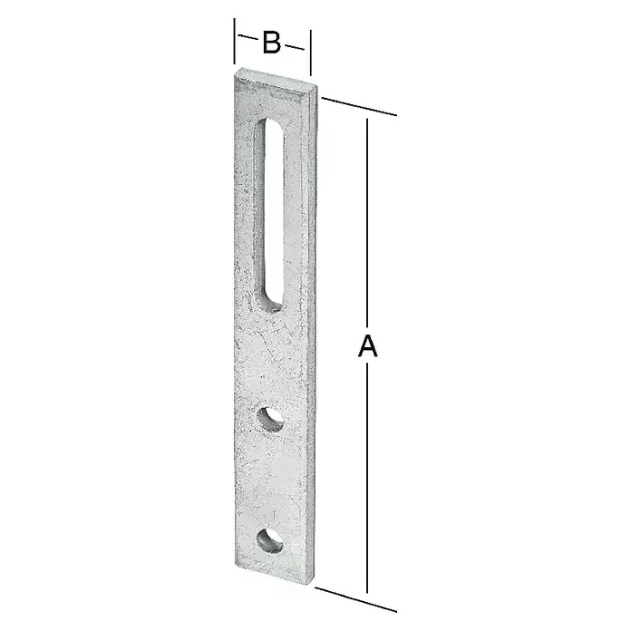 Stabilit Vario-Verbindungsblech - L x B: 140 x 20 mm - Bild einer verzinkten Lasche mit Langloch und Bohrungen zur Befestigung. Dient als Verbindungselement im Bauwesen.