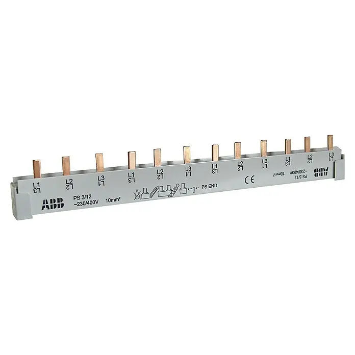 ABB Kammschiene PS 3/12 - Phasen: 3 Stk., 210 mm - Eine ABB PS 3/12 Sammelschiene mit 12 Anschlüssen für die elektrische Verteilung, ausgelegt für 230/400V und 10mm² Kabelquerschnitt.