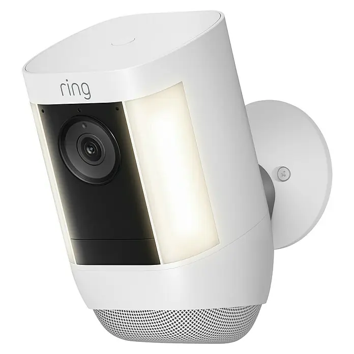 Ring Überwachungskamera Spotlight Cam Pro Battery - Weiß, Auflösung: 1.080 Pixel (Full HD), Akku - Eine Nahaufnahme einer Ring Spotlight Cam in Weiß, die für mehr Sicherheit und Überwachung im Außenbereich sorgt.