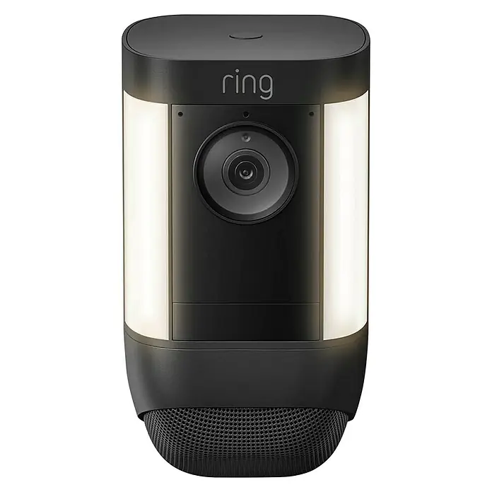 Ring Überwachungskamera Spotlight Cam Pro Battery - Schwarz, Auflösung: 1.080 Pixel (Full HD), Akku - Eine Nahaufnahme einer Ring-Kamera mit Scheinwerfern, die für zusätzliche Sicherheit und bessere Sichtbarkeit entwickelt wurde.
