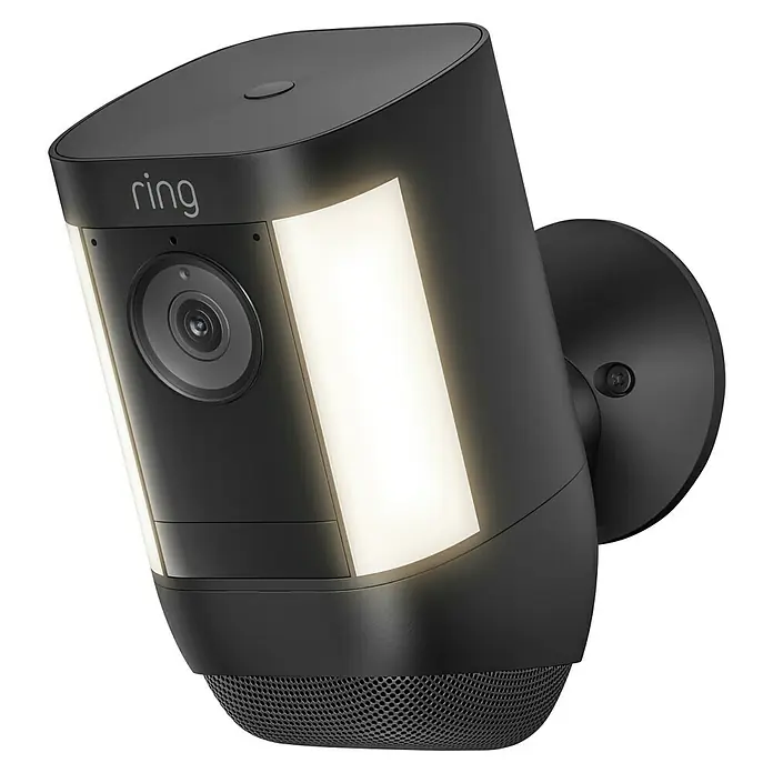 Ring Überwachungskamera Spotlight Cam Pro Battery - Schwarz, Auflösung: 1.080 Pixel (Full HD), Akku - Bild einer Ring Spotlight Cam Battery in Schwarz, die eine Überwachung und Beleuchtung für den Außenbereich bietet.