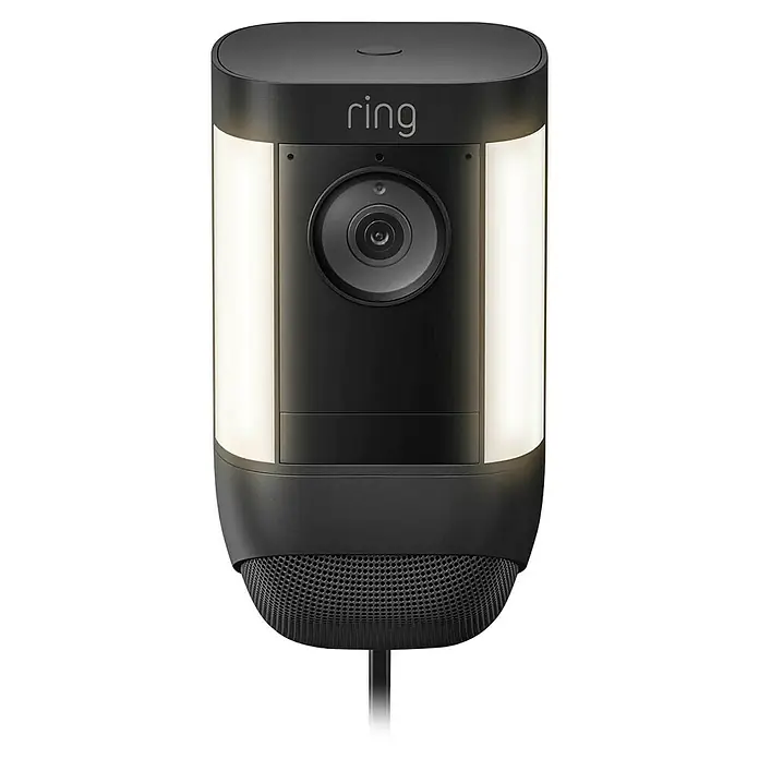 Ring Überwachungskamera Spotlight Cam Pro Plugin - Schwarz, Auflösung: 1.080 Pixel (Full HD), Netzanschluss - Hier ist eine Ring Spotlight Cam, eine Überwachungskamera mit integrierten Lichtern und Gegensprechfunktion für erhöhte Sicherheit.