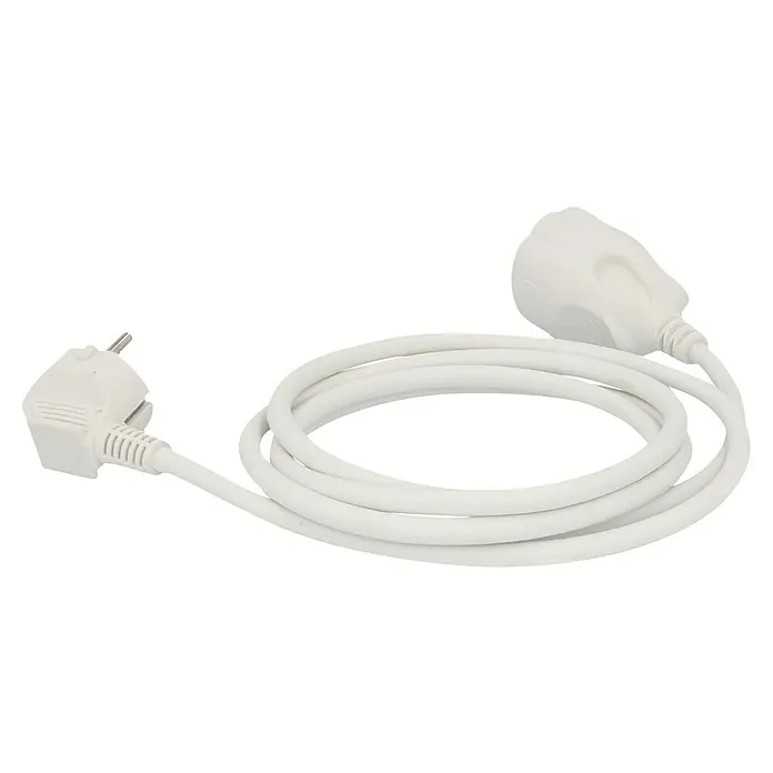 Voltomat Verlängerungskabel - 2 m, Weiß, H05VV-F - Ein weißes Stromkabel mit Stecker und Kupplung, aufgerollt auf einem schwarzen Hintergrund für Elektrogeräte.