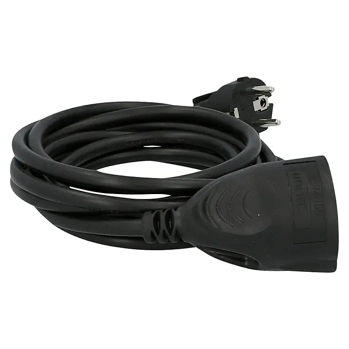 Voltomat Verlängerungskabel - 3 m, Schwarz, H05VV-F - Schwarzes Unitec Verlängerungskabel mit Stecker und Kupplung. Das Kabel ist aufgerollt und zeigt die Marke Unitec.