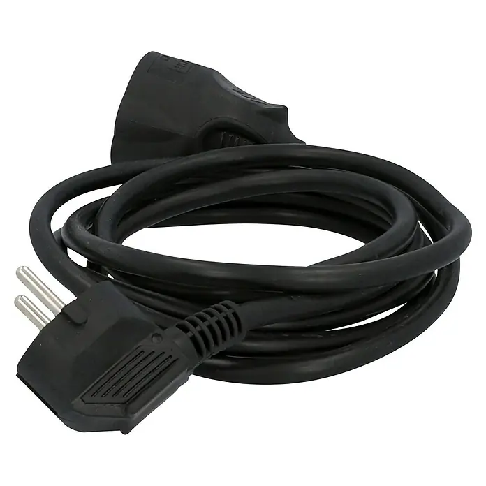 Voltomat Verlängerungskabel - 2 m, Schwarz, H05VV-F - Ein schwarzes Stromkabel mit Stecker und Buchse. Ideal für den Einsatz mit elektrischen Geräten und Verlängerungen.