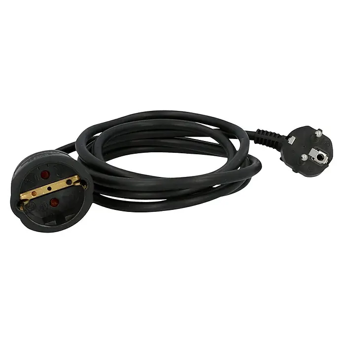 Voltomat Verlängerungskabel - 2 m, Schwarz, H05VV-F - Schwarzes Stromkabel mit Schutzkontaktstecker und -kupplung für eine sichere Stromversorgung elektronischer Geräte.