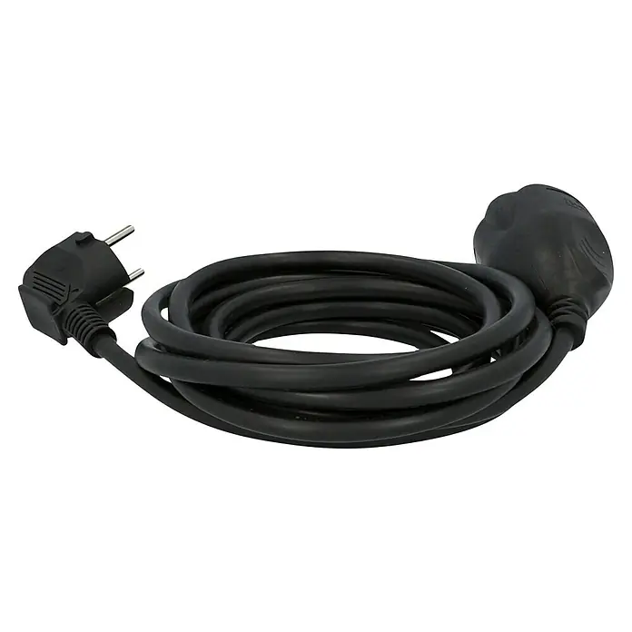 Voltomat Verlängerungskabel - 3 m, Schwarz, H05VV-F - Schwarzes Stromkabel mit Schuko-Stecker und Kupplung, aufgerollt dargestellt. Ideal für den Innenbereich.