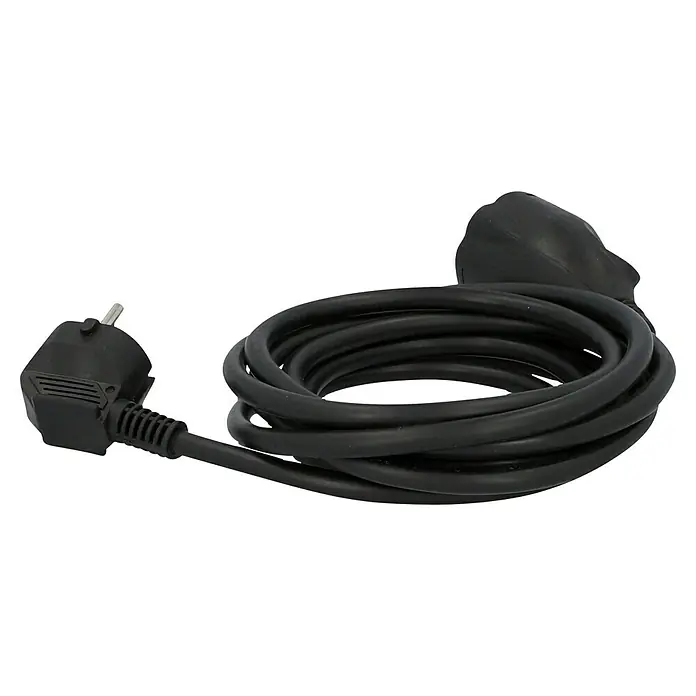 Voltomat Verlängerungskabel - 3 m, Schwarz, H05VV-F - Dieses Bild zeigt ein schwarzes Stromkabel mit einem Stecker an einem Ende und einer Buchse am anderen Ende, aufgerollt dargestellt.