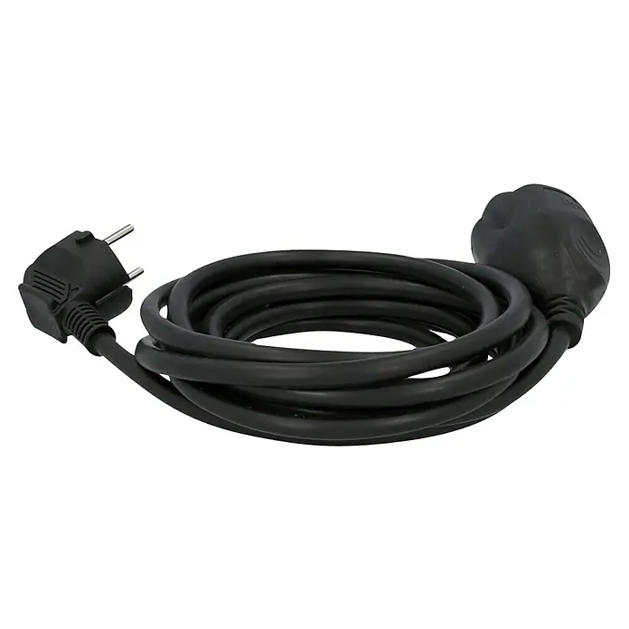 Voltomat Verlängerungskabel - 3 m, Schwarz, H05VV-F - Schwarzes Stromkabel mit Eurostecker und Kupplungsstecker, aufgerollt und bereit zur Verwendung für Geräte mit Stromanschluss.