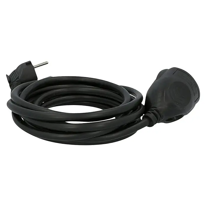 Voltomat Verlängerungskabel - 3 m, Schwarz, H05VV-F - Schwarzes Verlängerungskabel mit Schutzkontaktstecker und -kupplung, zusammengerollt. Ideale Stromversorgung für verschiedene Geräte im Innenbereich.