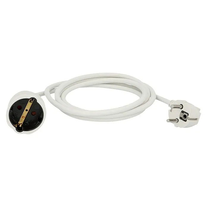 Voltomat Verlängerungskabel - 2 m, Weiß, H05VV-F - Ein weißes Stromkabel mit einem Eurostecker an einem Ende und einer Steckdose am anderen Ende, ideal für den Einsatz im Innenbereich.
