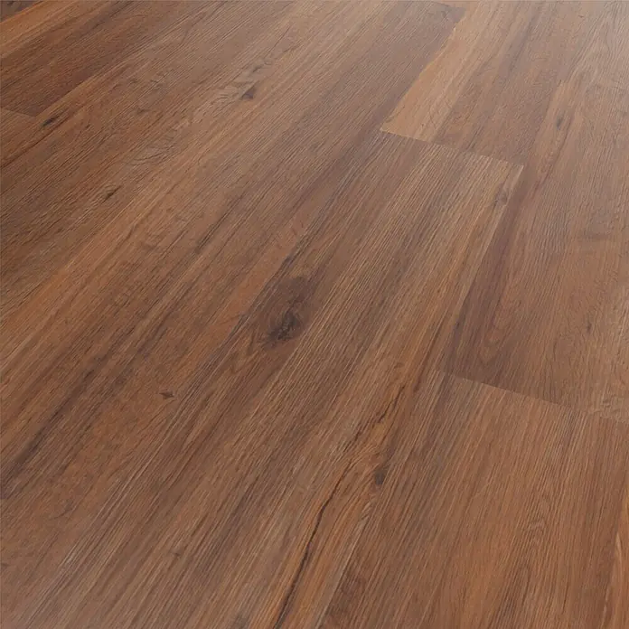 b!design Vinylboden Clic - Clic Avignon Eiche, Landhausdiele, 1.210 x 190 x 5 mm - Detailaufnahme eines Laminatbodens in warmen Brauntönen, der die natürliche Holzmaserung und Struktur hervorhebt.
