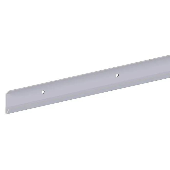Lundbergs Wandleiste - L x B x H: 2.000 x 49 x 11 mm, Weiß - Nahaufnahme einer hellgrauen Stoßleiste mit zwei Löchern, die für zusätzlichen Schutz und einfache Montage sorgt.