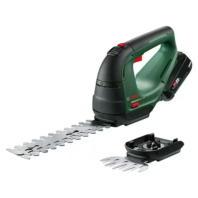Bosch Power for All 18V Akku-Gras- & Strauchschere AdvancedShear 18V-10 - 18 V, Li-Ionen, 1 Akku, Schwertbreite: 10 cm - Grün-schwarze Bosch AdvancedShear 18V Akku-Heckenschere mit langen und kurzen Wechselklingen.