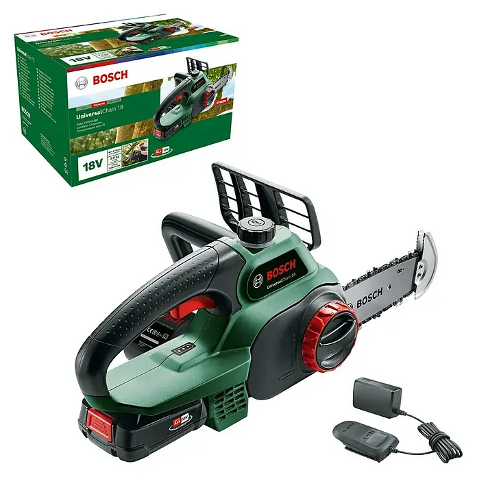 Bosch Power for All 18V Akku-Kettensäge UniversalChain 18 - 18 V, Li-Ionen, 1 Akku, Schwertlänge: 20 cm - Abbildung einer Akku-Kettensäge UniversalChain 18 von Bosch mit Akku, Ladegerät und Verpackung.