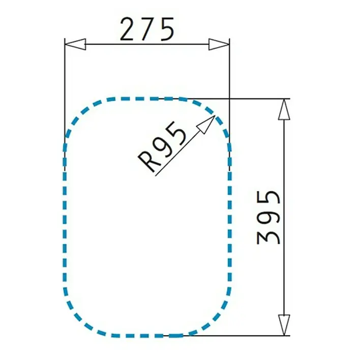 Admiral Einbauspüle E 29 - 41,5 x 29,5 cm, Edelstahl - Eine technische Zeichnung eines abgerundeten Rechtecks mit den Maßen 275 x 395 mm und einem Radius von R95.