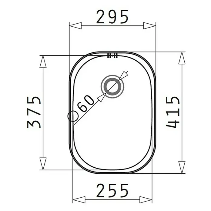 Admiral Einbauspüle E 29 - 41,5 x 29,5 cm, Edelstahl - Abbildung eines rechteckigen Waschbeckens mit abgerundeten Ecken und Maßen, inklusive der Position des Abflusses.