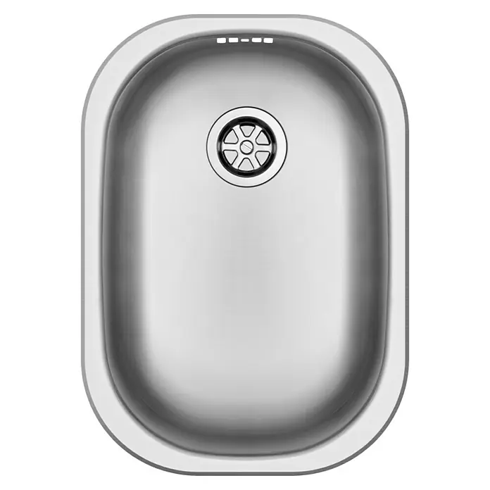 Admiral Fregadero encastrable E 29 - 41,5 x 29,5 cm, Acero inoxidable - Fregadero de acero inoxidable con desagüe redondo. El fregadero parece brillante y limpio, destacando una estética de cocina moderna.