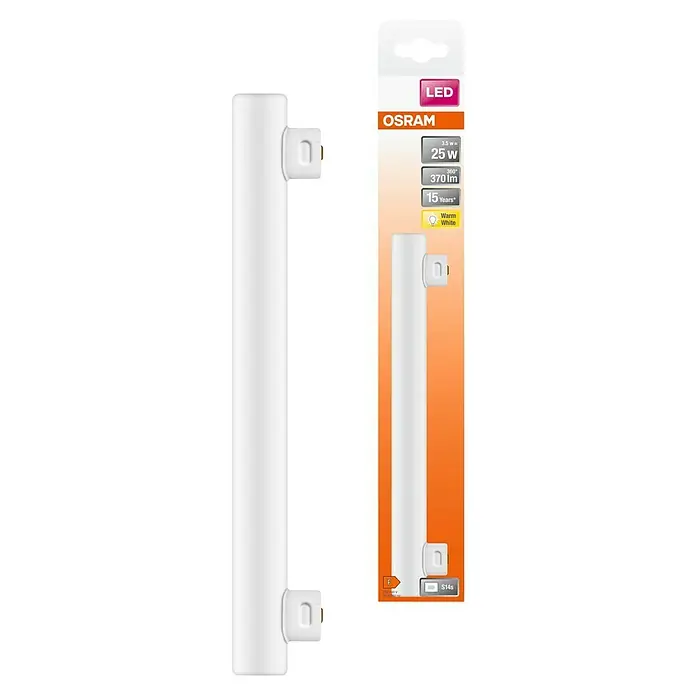 Osram LED-Röhre LEDINESTRA BASE - Länge: 30 cm, Warmweiß, 3,5 W, 370 lm, S14s - Produktaufnahme einer OSRAM S14s LED-Lampe, die eine energieeffiziente Beleuchtung mit warmweißem Licht für eine gemütliche Atmosphäre bietet.
