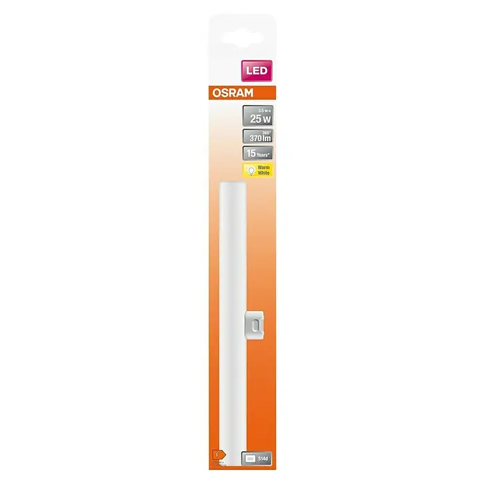 Osram LED-Röhre LEDINESTRA BASE - Länge: 30 cm, Warmweiß, 3,5 W, 370 lm, S14d - Das Bild zeigt eine LED-Lampe von Osram mit einer Leistung von 3,5 W, die 25 W entspricht, 370 Lumen und eine Lebensdauer von 15 Jahren hat.