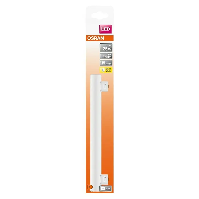 Osram LED-Röhre LEDINESTRA BASE - Länge: 30 cm, Warmweiß, 3,5 W, 370 lm, S14s - Nahaufnahme einer OSRAM LED-Lampe, die 3,5 W verbraucht, aber 25 W entspricht, mit einer Helligkeit von 370 Lumen und einer Lebensdauer von 15 Jahren.