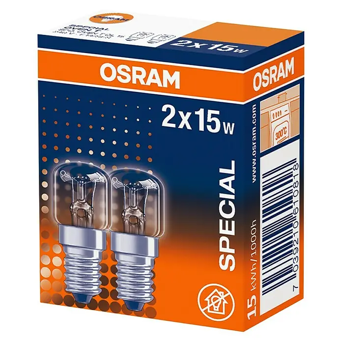 Osram Backofenlampe - E14, Dimmbar, Warmweiß, 85 lm, 15 W, 2 Stk. - Eine Packung Osram Spezial-Glühbirnen für den Ofen, 2 Stück mit je 15 W Leistung, ideal für hohe Temperaturen.