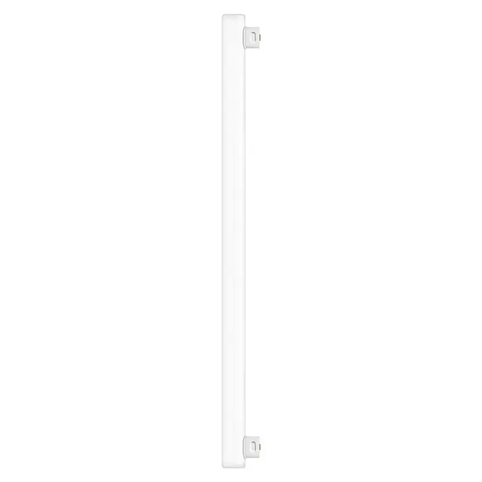 Osram LED-Röhre LEDINESTRA BASE - Länge: 50 cm, Warmweiß, 6 W, 640 lm, S14s - Detailaufnahme einer strahlend weißen Heizkörperpatrone mit goldenen Anschlüssen, die elegante Wärme und modernes Design vereint.