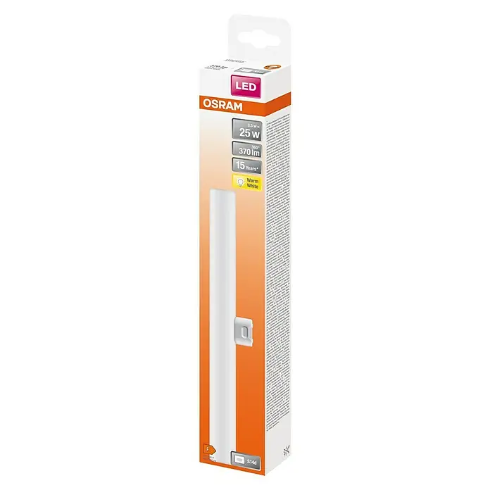 Osram LED-Röhre LEDINESTRA BASE - Länge: 30 cm, Warmweiß, 3,5 W, 370 lm, S14d - Nahaufnahme einer LED-Lampe von Osram, verpackt in einer markanten orangefarbenen Verpackung, die die Energieeffizienz und Langlebigkeit hervorhebt.
