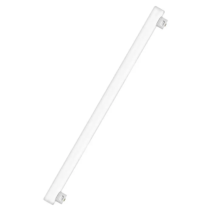 Osram LED-Röhre LEDINESTRA BASE - Länge: 50 cm, Warmweiß, 6 W, 640 lm, S14s - Nahaufnahme einer LED-Röhre, die diagonal vor einem schwarzen Hintergrund liegt und modernes, effizientes Lichtdesign zeigt.