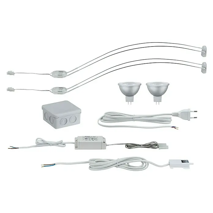 Paulmann Galeria Luz de armario LED Assistent II - 4 W, Cromo - Fotografía de un conjunto de dos lámparas halógenas con accesorios como cables, transformador y caja de conexiones.