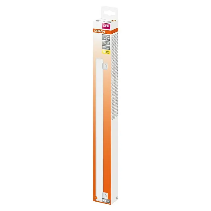 Osram LED-Röhre LEDINESTRA BASE - Länge: 50 cm, Warmweiß, 6 W, 640 lm, S14s - Nahaufnahme einer Osram LED-Lampe in ihrer Verpackung, die Energieeffizienz und lange Lebensdauer verspricht. Ideal für modernes Lichtdesign.