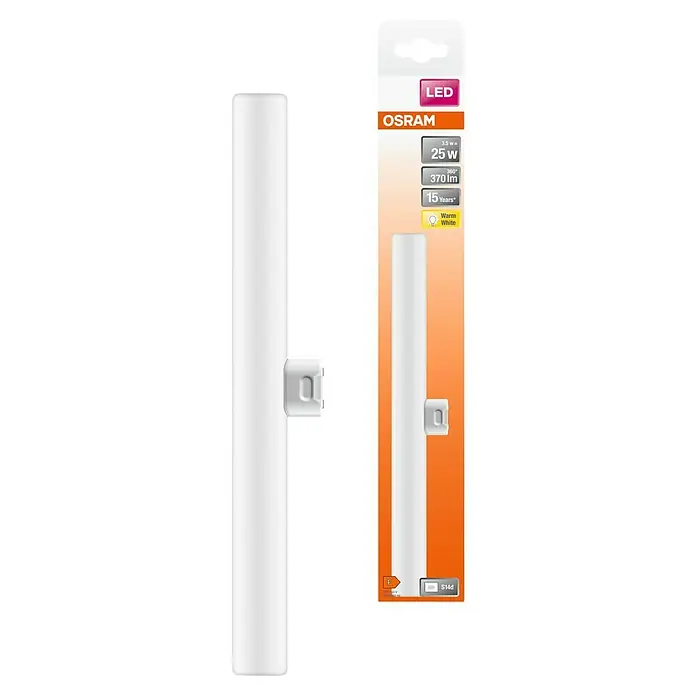 Osram LED-Röhre LEDINESTRA BASE - Länge: 30 cm, Warmweiß, 3,5 W, 370 lm, S14d - Das Bild zeigt eine Osram S14d LED Lampe mit 3,5W, die 25W entspricht, mit 370 Lumen, warmweißem Licht und einer Lebensdauer von 15 Jahren.