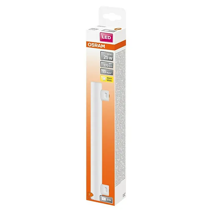 Osram LED-Röhre LEDINESTRA BASE - Länge: 30 cm, Warmweiß, 3,5 W, 370 lm, S14s - Das Bild zeigt eine OSRAM LED Lampe S14s, bekannt für ihre Energieeffizienz und lange Lebensdauer, verpackt in einer orangefarbenen Kartonverpackung.
