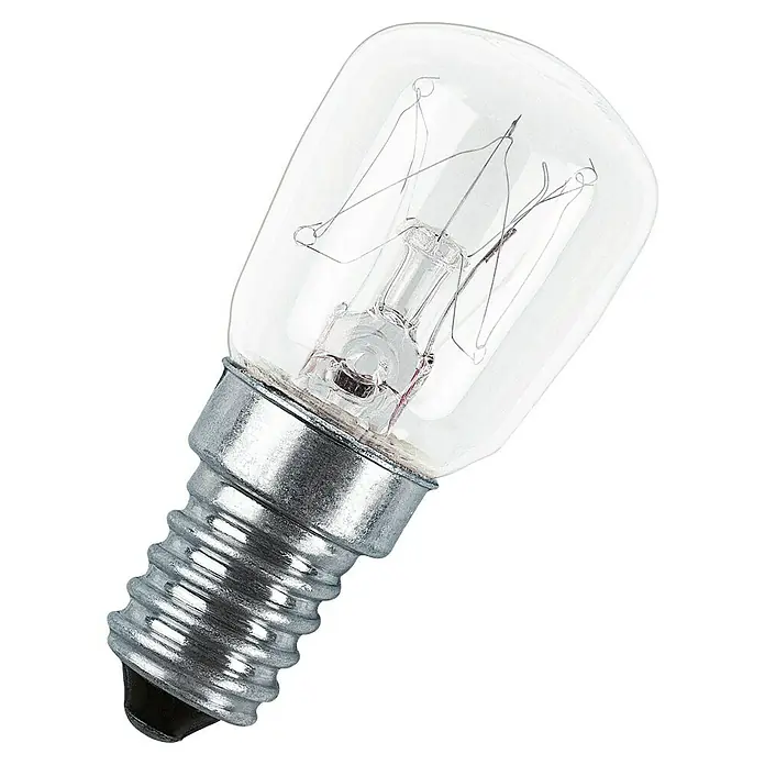 Osram LED-Lampe Parathom Special T26 - E14, Dimmbar, Warmweiß, 160 lm, 25 W - Nahaufnahme einer klaren Glühbirne mit Schraubsockel, ideal für den Einsatz in kleinen Geräten oder als Ersatzteil.