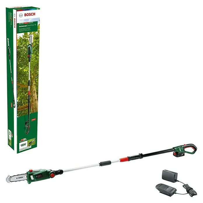 Bosch Power for All 18V Akku-Hochentaster UniversalChainPole 18 - 18 V, Li-Ionen, 1 Akku - Eine Bosch UniversalChainPole 18 Akku-Hochentaster mit Teleskopstange, Akku und Ladegerät.