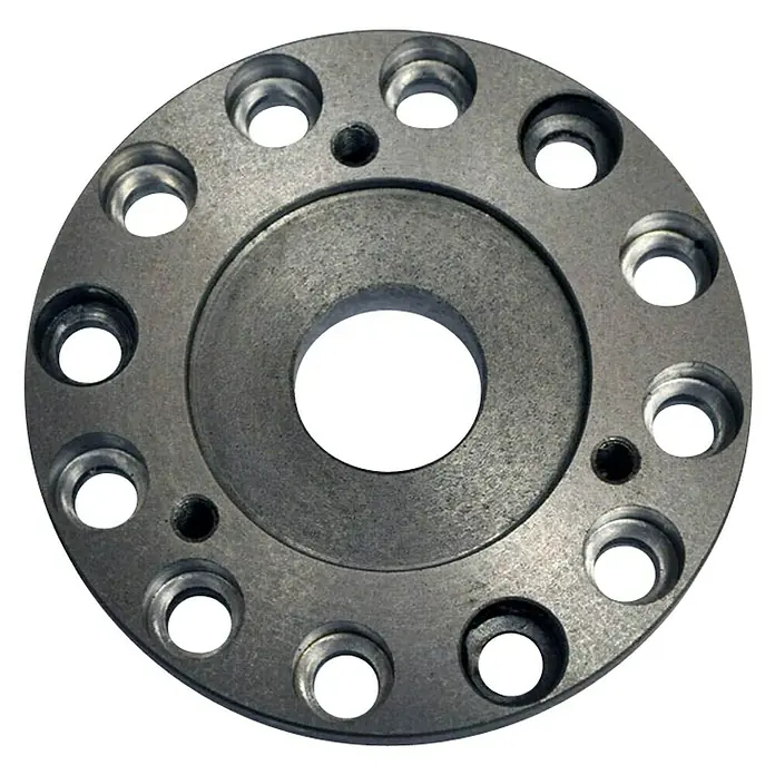 Rotwerk Adapterflansch 72/55 - Geeignet für: Drehmaschinen mit Kurzzylinder-Aufnahme mit 72 mm Pass-Sitz - Nahaufnahme einer runden Metallplatte mit vielen Löchern und einer zentralen Öffnung.