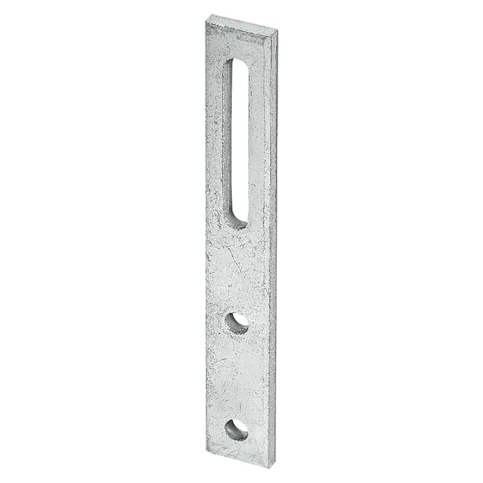 Stabilit Vario-Verbindungsblech - L x B: 140 x 20 mm - Graues Betonbauteil mit einem Schlitz in der Mitte und zwei Löchern unten. Ein robustes und vielseitiges Bauprodukt.