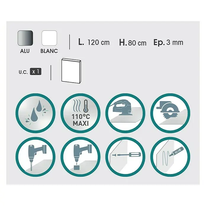 Panel de aluminio y composite Aluminio Cepillado - 120 cm x 80 cm x 3 mm, Aluminio, Plateado - Información del producto: tablero ALU-BLANC (120x80cm, 3mm de grosor), resistente al calor hasta 110°C. Apto para taladrar, serrar, atornillar y pegar.