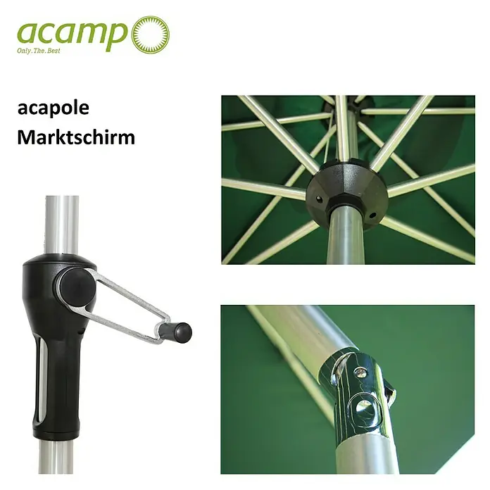 Acamp Marktschirm Acapole - Grün - Produktbild eines Acamp Acapole Marktschirms. Das Bild zeigt Details wie die Kurbel, die Halterung und die Streben des Schirms.
