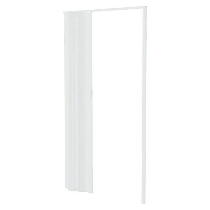 Puerta plegable - 100 x 200 cm, Fresno - La imagen muestra una puerta plegable blanca, parcialmente abierta y montada en un marco, ideal para espacios pequeños como solución para ahorrar espacio.