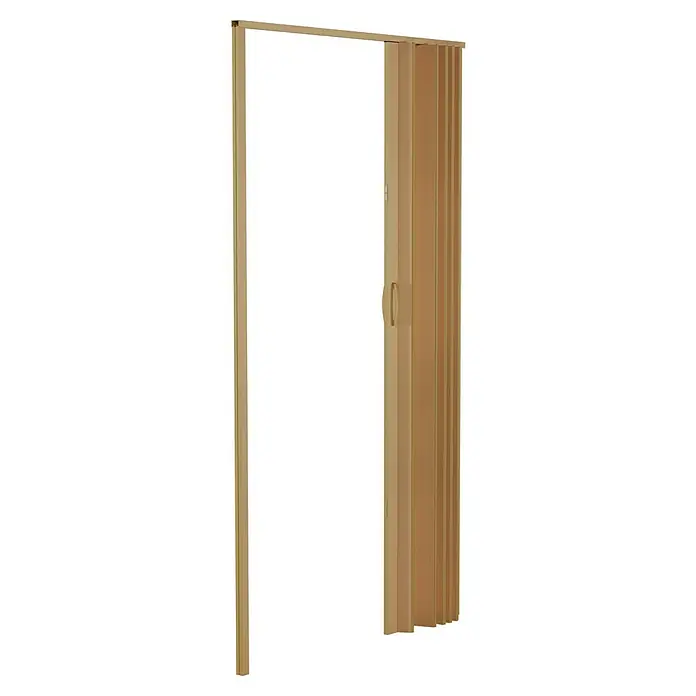 Puerta plegable - 100 x 200 cm, Haya - Vista de una puerta plegable beige parcialmente abierta, montada sobre un fondo oscuro, que facilita el acceso a través de una puerta.