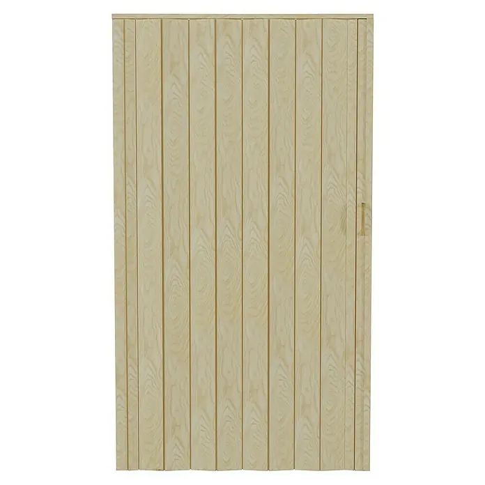 Falttür - PVC, Eiche, 100 x 200 cm - Ein detailreiches Foto einer hellen Holzschranktür mit vertikalen Paneelen, die eine natürliche Maserung aufweisen und ein warmes, einladendes Gefühl vermitteln.