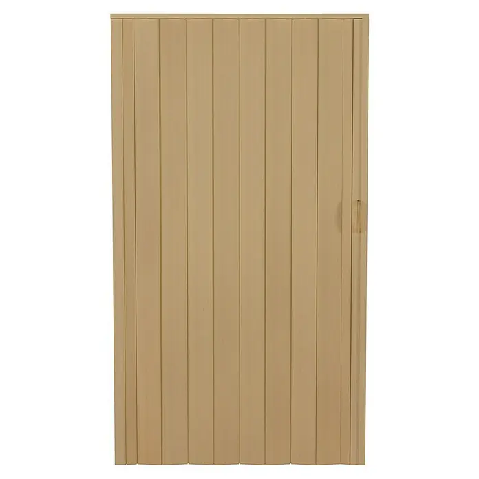 Falttür - PVC, Buche, 100 x 200 cm - Hier ist eine Nahaufnahme einer Holzvertäfelung mit vertikalen Brettern. Sie zeigt eine warme, natürliche Farbe und eine einfache Gestaltung.