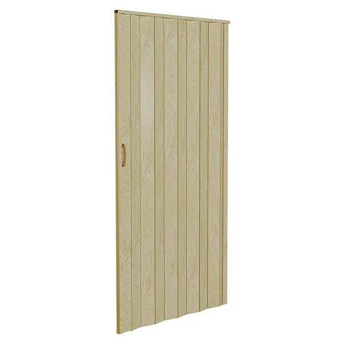 Puerta plegable - 100 x 200 cm, Roble - Se muestra una puerta plegable de color madera clara con listones verticales y un mango alargado y simple, ideal para espacios pequeños y soluciones para ahorrar espacio.