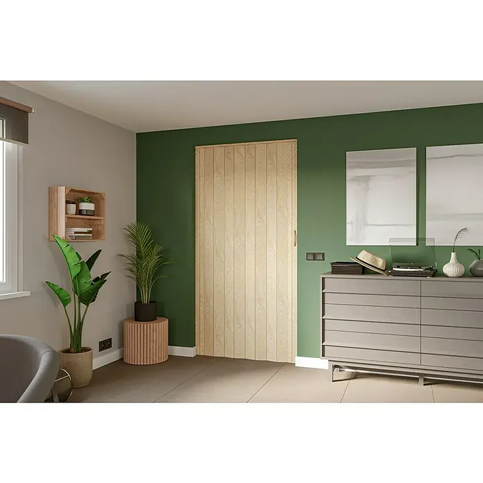 Falttür - PVC, Eiche, 100 x 200 cm - Ein heller, hölzerner Schiebetür-Raumteiler fügt sich nahtlos in eine stilvolle Inneneinrichtung ein und bietet Flexibilität und modernes Design.