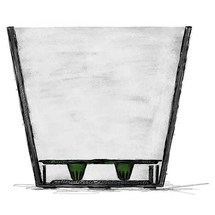 Scheurich Pflanztopf Purista+ - Außenmaß (Ø x H): 29,8 x 24 cm, Kunststoff, Carbonschwarz, Mit Bewässerungssystem - Abbildung eines Hydroponik-Systems mit zwei grünen Pflanzgefäßen in einem Behälter. Ideal für den Indoor-Gartenbau.