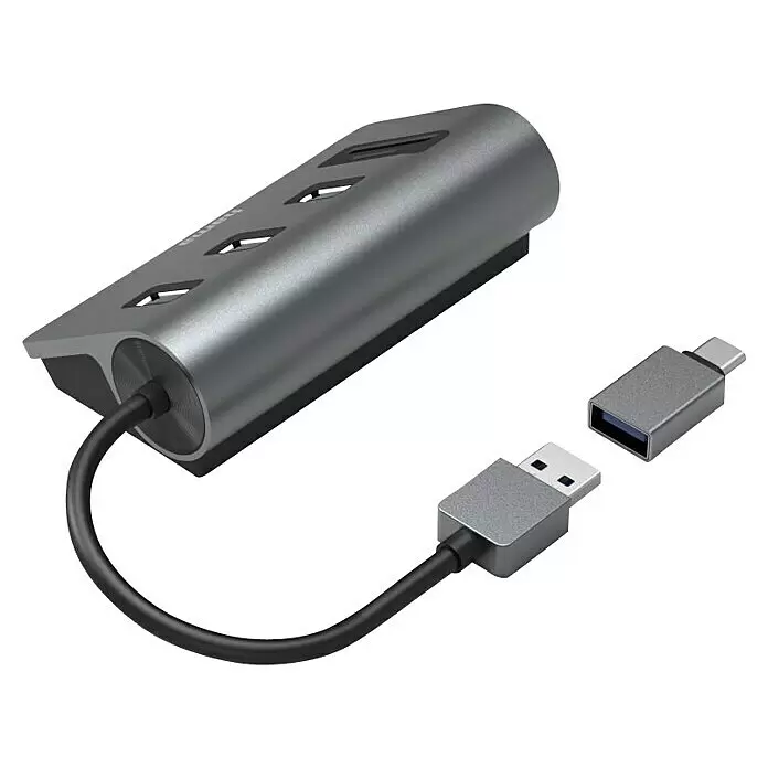 Hama USB-Hub-Kartenleser 5 Ports, 3x USB-A, SD, microSD - Anthrazit/Schwarz - Dunkelgrauer Metall-USB-Hub mit integriertem Kabel, USB-A-Anschluss und separatem USB-C-Adapter.