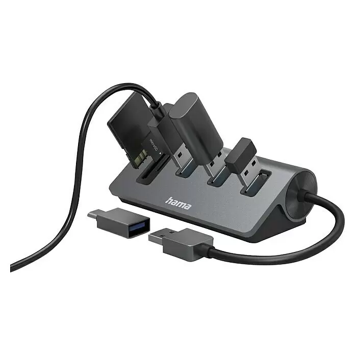 Hama USB-Hub-Kartenleser 5 Ports, 3x USB-A, SD, microSD - Anthrazit/Schwarz - Grauer Hama USB-Hub mit mehreren USB-A-, SD- und microSD-Anschlüssen, teilweise mit angeschlossenen Geräten.