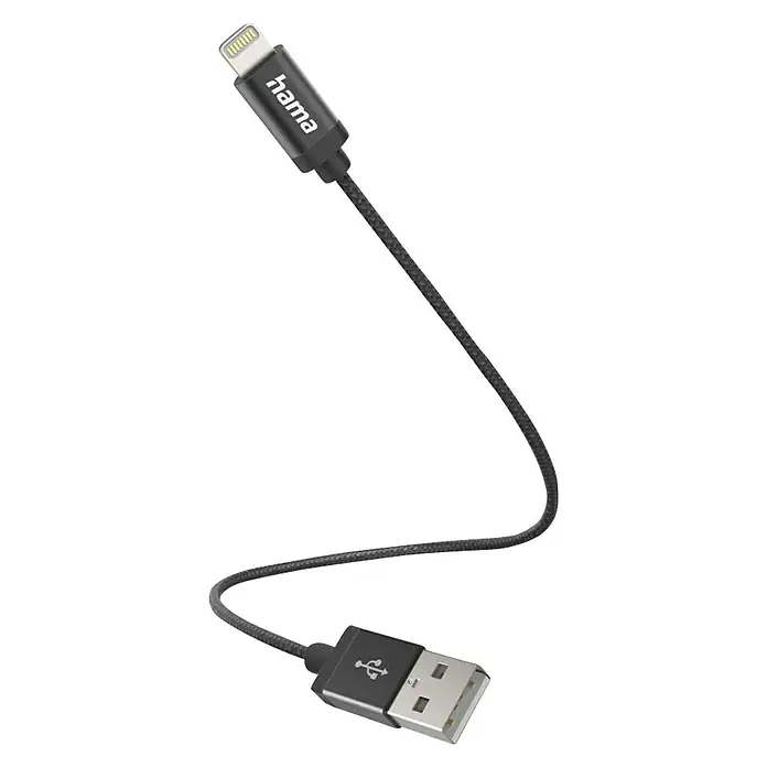 Hama USB-Ladekabel - Schwarz, Länge: 0,2 m, USB A-Stecker, Lightning-Stecker - Nahaufnahme eines Hama USB-Kabels mit Lightning-Anschluss und geflochtenem Kabelmantel. Das Kabel ist schwarz und hat einen USB-A-Anschluss.