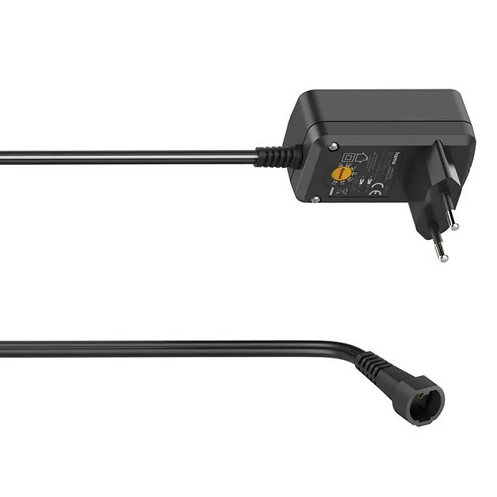Hama Universal-Netzteil - Eingangsspannung: 100 V - 240 V, Max. Leistung: 3,6 W, Ausgangsstrom: 0,3 A - Abbildung eines schwarzen Hama-Netzteils mit Eurostecker und passendem Kabel.